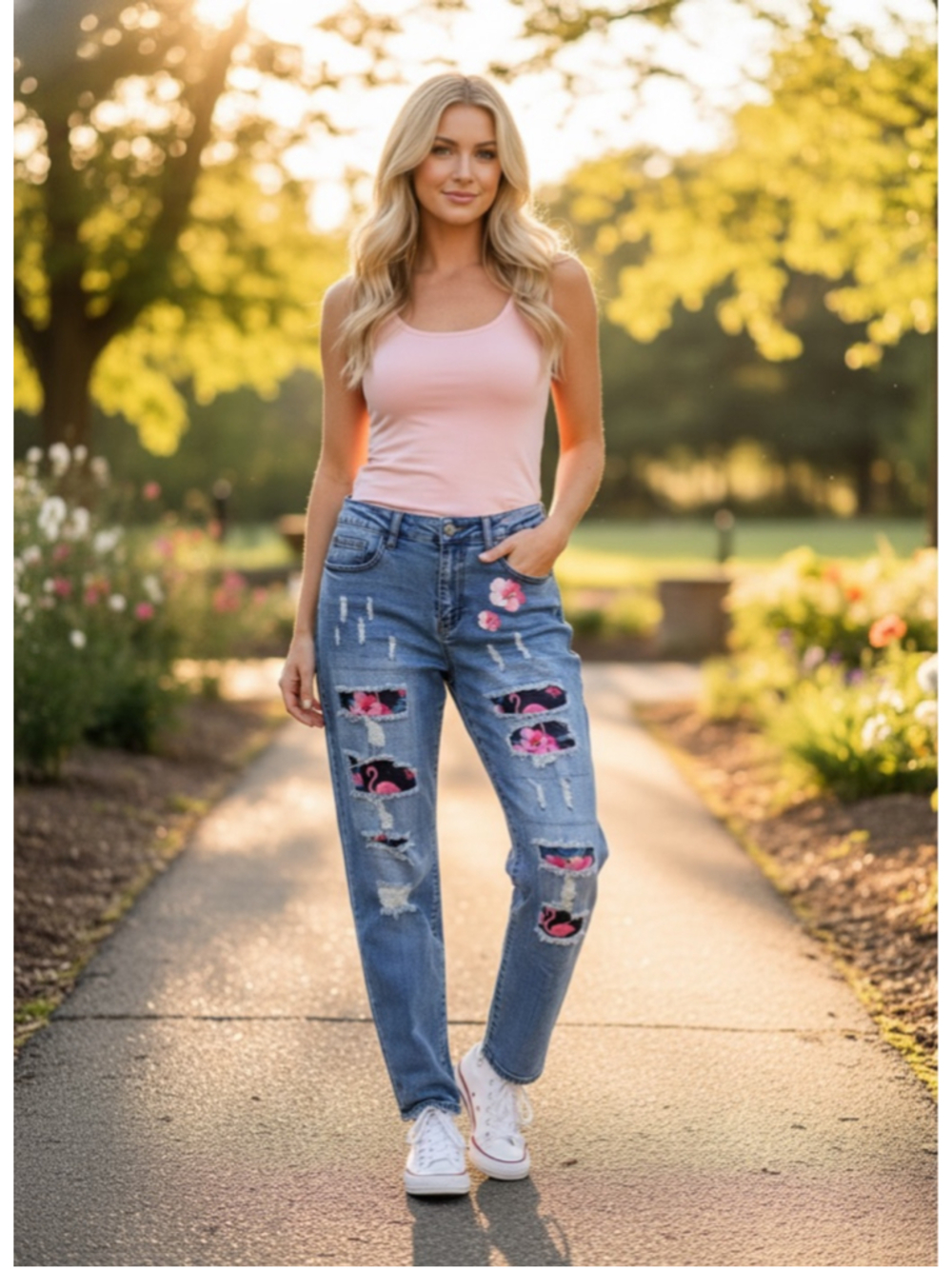 Wear Jeans Hibiscus Flamingo Patch Distressed Denim Jeans Size L (30” Waist)
